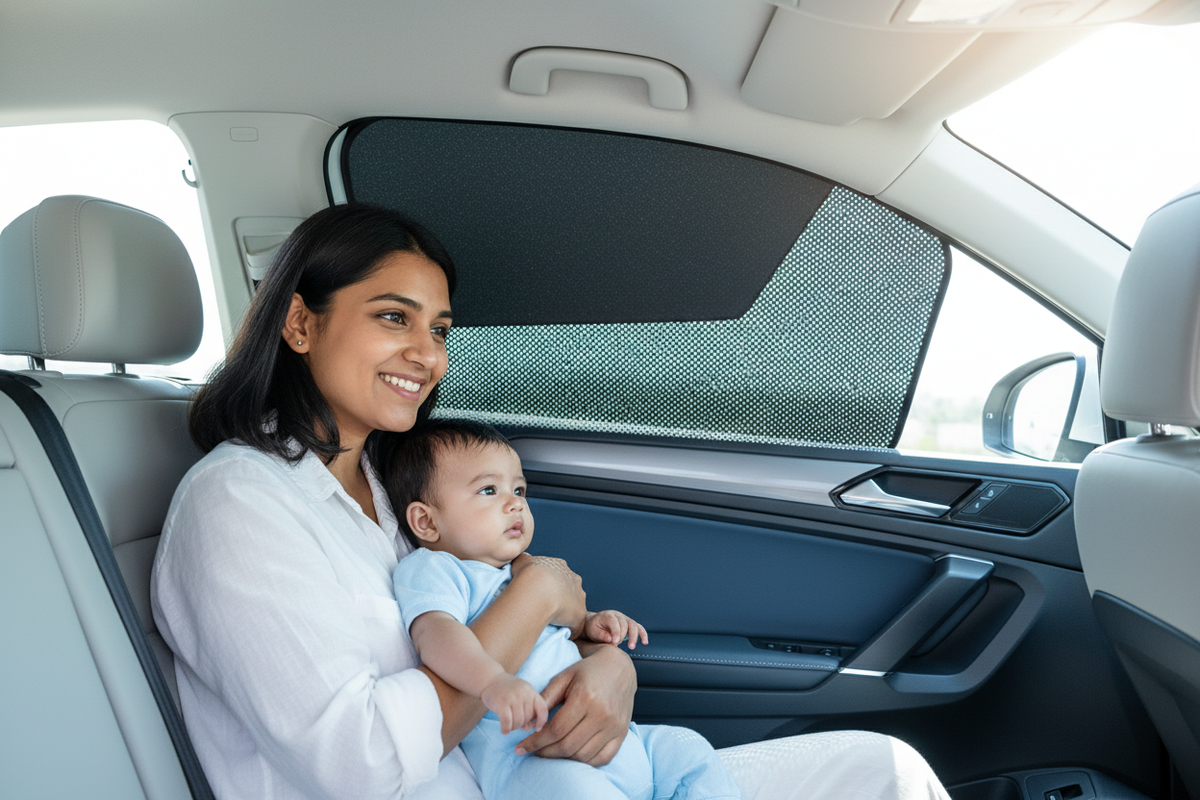 A parent and baby in a car, with a magnetic car window sunshade on the rear window providing shade on a sunny day.